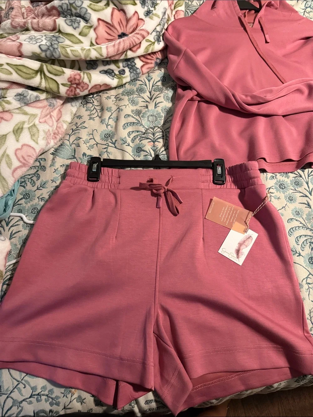 Jessica Simpson Dusty Rose Two-Piece Track Set - Crop Hoodie & Shorts - Picture 2 of 5